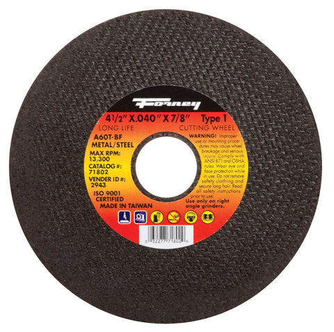Forney 4-1/2 in. D X 7/8 in. X .040 in. thick Aluminum Oxide Metal Cut-Off Wheel 1 pc