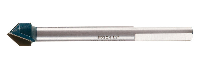 Broca Bosch de punta de carburo para vidrio y azulejo de 1/2 pulg. x 4 pulg. de largo, con punta de 3 filos y vástago plano, 1 pieza