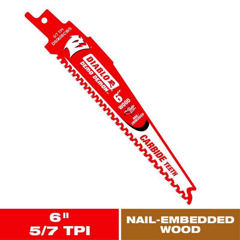 Diablo Demo Demon 6 in. Carbide Tipped Nail-Embedded Wood Reciprocating Saw Blade 6 TPI 1 pc (Pack of 5)