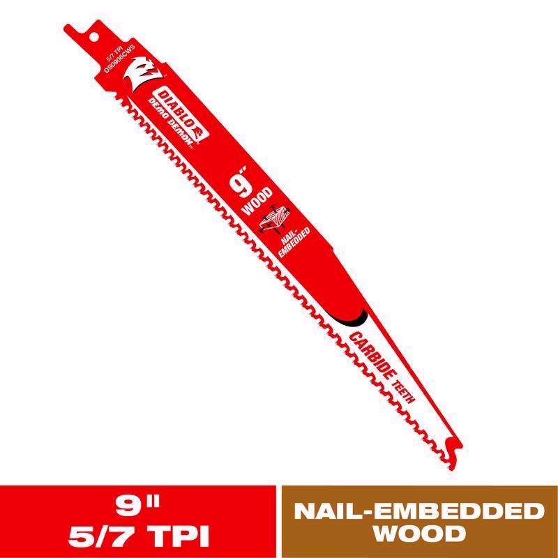 Diablo Demo Demon 9 in. Carbide Nail-Embedded Wood Reciprocating Saw Blade 5/7 TPI 1 pc (Pack of 5)