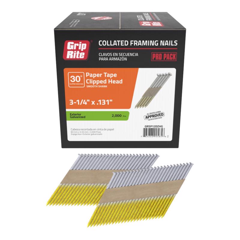 Clavos para estructuras Grip-Rite de 3-1/4 pulg. de largo, con tira antideslizante, en ángulo de 30°, galvanizados por inmersión en caliente, paquete de 2000
