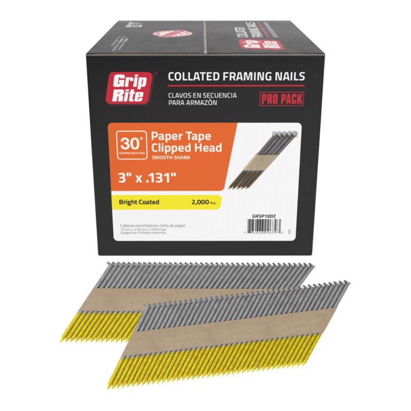 Grip-Rite 3 pulg. L Tiras de papel Clavos brillantes para estructuras 30 deg 2000 pquete