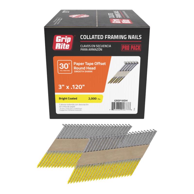 Grip-Rite 3 in. L X 12 Ga. Angled Strip Bright Framing Nails 30 deg 2000 pk