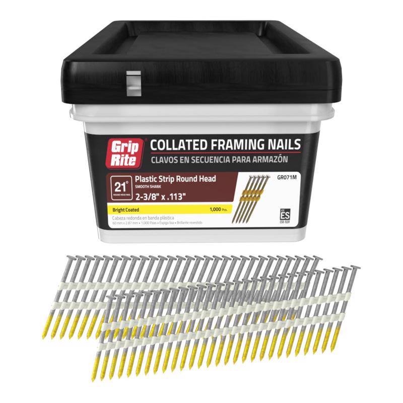 Grip-Rite 2-3/8 in. L X 12 Ga. Plastic Strip Brite Framing Nails 21 deg 1000 pk