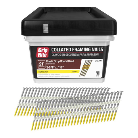 Grip-Rite 2-3/8 in. L X 12 Ga. Plastic Strip Brite Framing Nails 21 deg 1000 pk