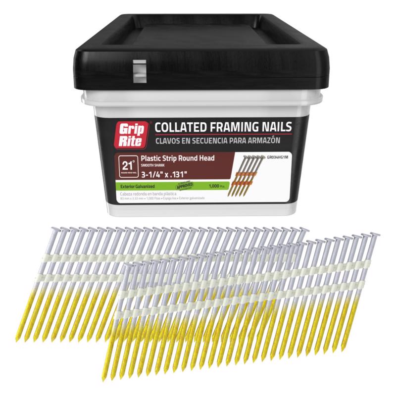 Grip-Rite 3-1/4 in. L X 10 Ga. Angled Strip Hot-Dip Galvanized Framing Nails 21 deg 1000 pk