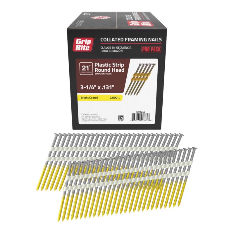 Clavos brillantes para estructuras Grip-Rite, tira angular de 3-1/4 pulg. de largo y calibre 10-1/4, 21°, paquete de 2000