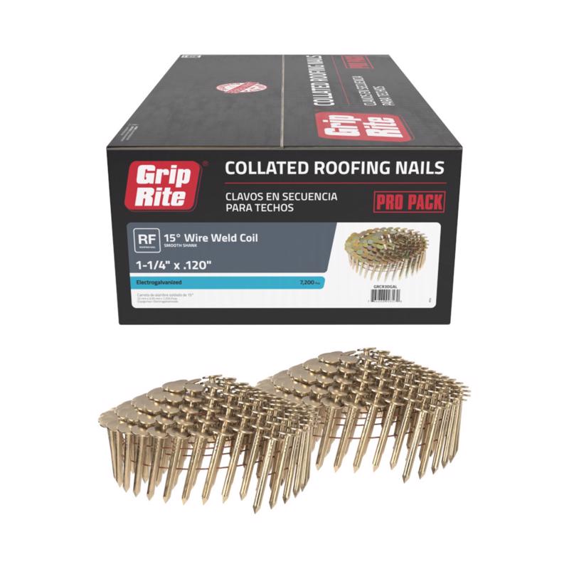 Grip-Rite 1-1/4 in. L X 11 Ga. Angled Coil Electro Galvanized Roofing Nails 15 deg 7200 pk