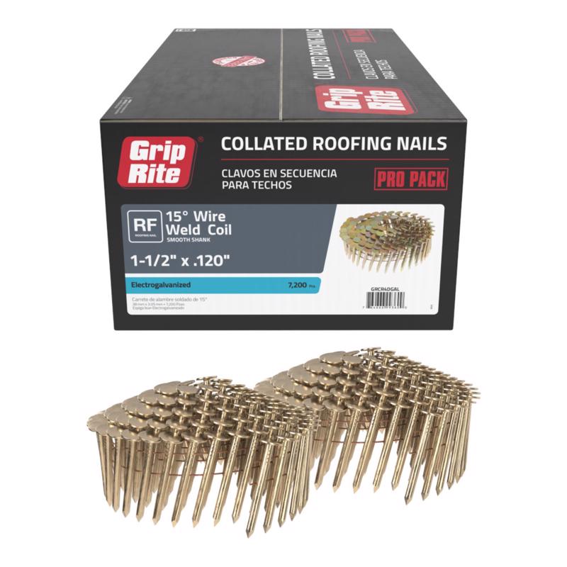 Grip-Rite 1-1/2 in. L X 11 Ga. Angled Coil Electro Galvanized Roofing Nails 15 deg 7200 pk