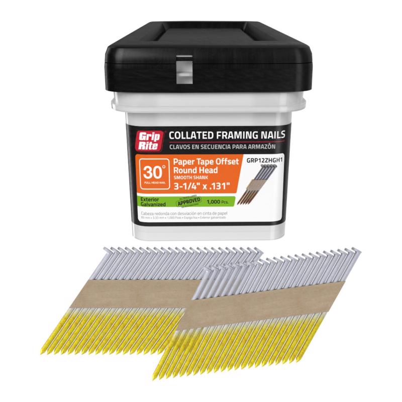 Grip-Rite 3-1/4 in. L X 12 Ga. Angled Strip Hot-Dip Galvanized Framing Nails 30 deg 1000 pk