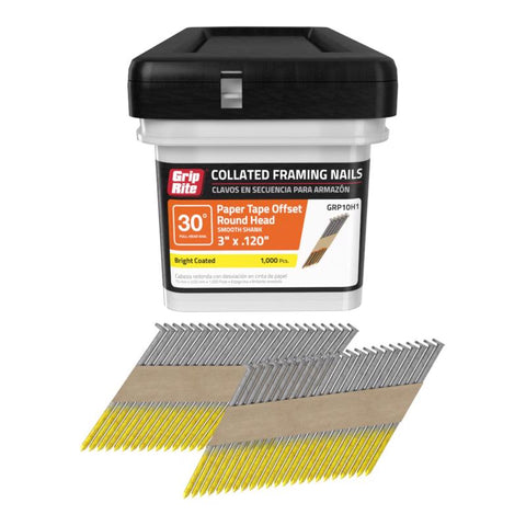 Grip-Rite 3 in. L X 11 Ga. Angled Strip Bright Framing Nails 30 deg 1000 pk