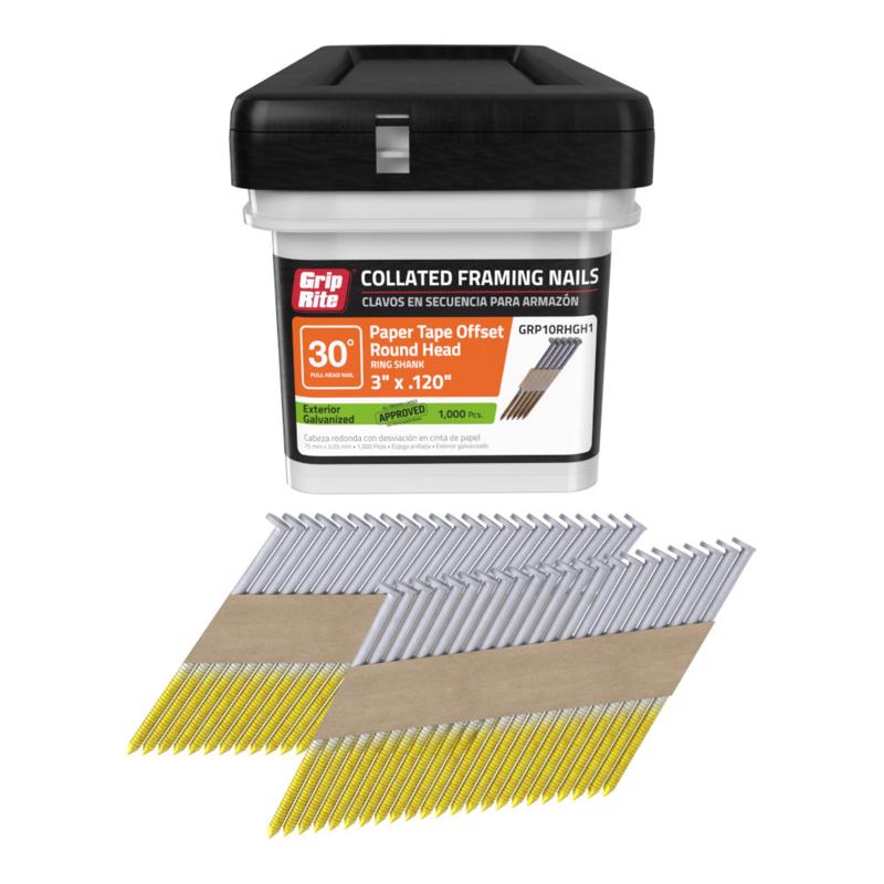 Grip-Rite 3 in. L X 11 Ga. Angled Strip Hot-Dip Galvanized Framing Nails 30 deg 1000 pk