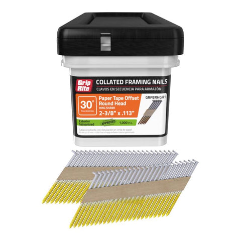 Grip-Rite 2-3/8 in. L X 12 Ga. Angled Strip Hot-Dip Galvanized Framing Nails 30 deg 1000 pk