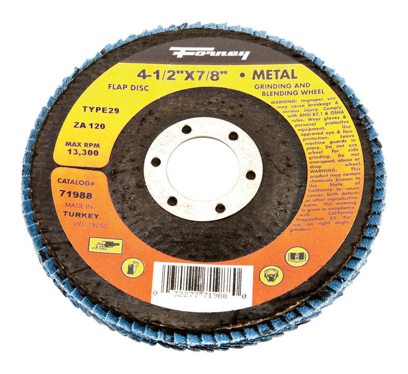 Disco de láminas Forney de 4-1/2 pulg. de diámetro x 7/8 pulg. de eje, de óxido de aluminio y circonia, grano 120, 1 pza.