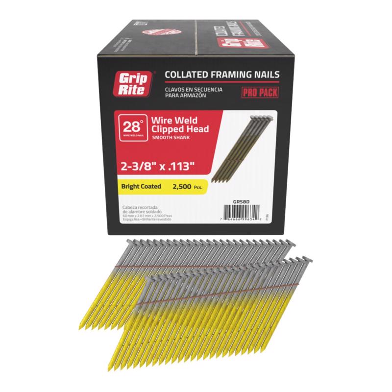Grip-Rite 2-3/8 pulg. L X 11-1/2 Ga. Clavos de fijación brillantes en tira angulada 28 deg 2500 pquete