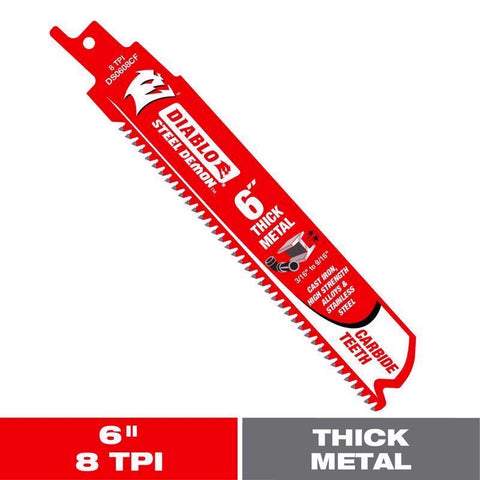 Diablo Steel Demon 6 in. Carbide Tipped Thick Metal Reciprocating Saw Blade 8 TPI 1 pc (Pack of 5)