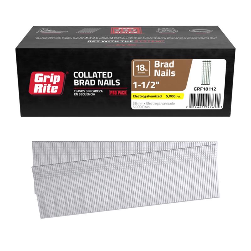 Grip-Rite 1-1/2 in. L X 18 Ga. Straight Strip Electro Galvanized Finish Nails 5000 pk