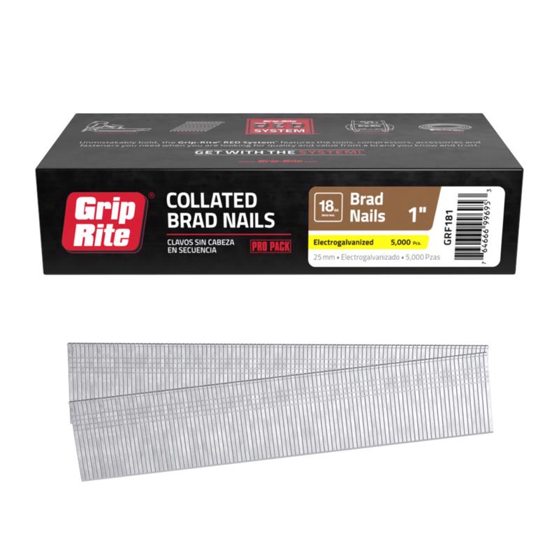 Grip-Rite 1 in. L X 18 Ga. Straight Strip Electro Galvanized Finish Nails 5000 pk