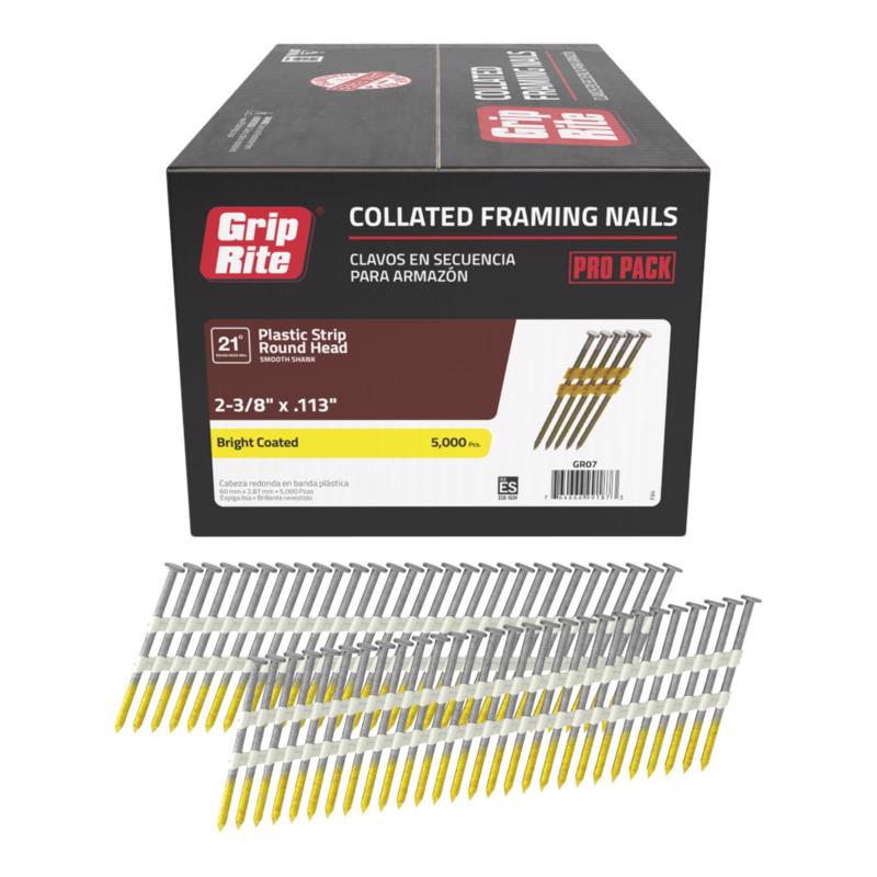 Grip-Rite 2-3/8 in. L X 12 Ga. Angled Strip Bright Framing Nails 21 deg 5000 pk