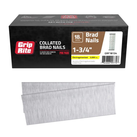 Grip-Rite 1-3/4 in. L X 18 Ga. Straight Strip Electro Galvanized Brad Nails 5000 pk