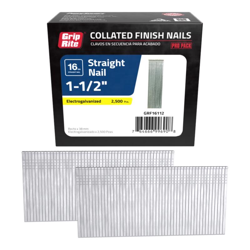 Grip-Rite 1-1/2 in. L X 16 Ga. Straight Strip Electro Galvanized Finish Nails 2500 pk