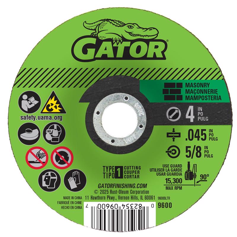Disco de corte para mampostería tipo 1 de óxido de aluminio Gator de 4 pulg. de diámetro x 5/8 pulg. x .045 pulg. de grosor, 1 pieza