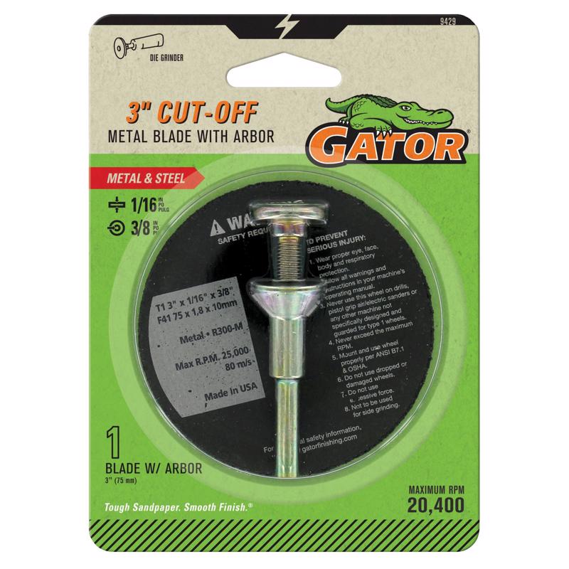 Disco de corte para metal tipo 1 de óxido de aluminio Gator de 3 pulg. de diámetro x 3/8 pulg. x 1/16 pulg. de grosor, 1 pieza