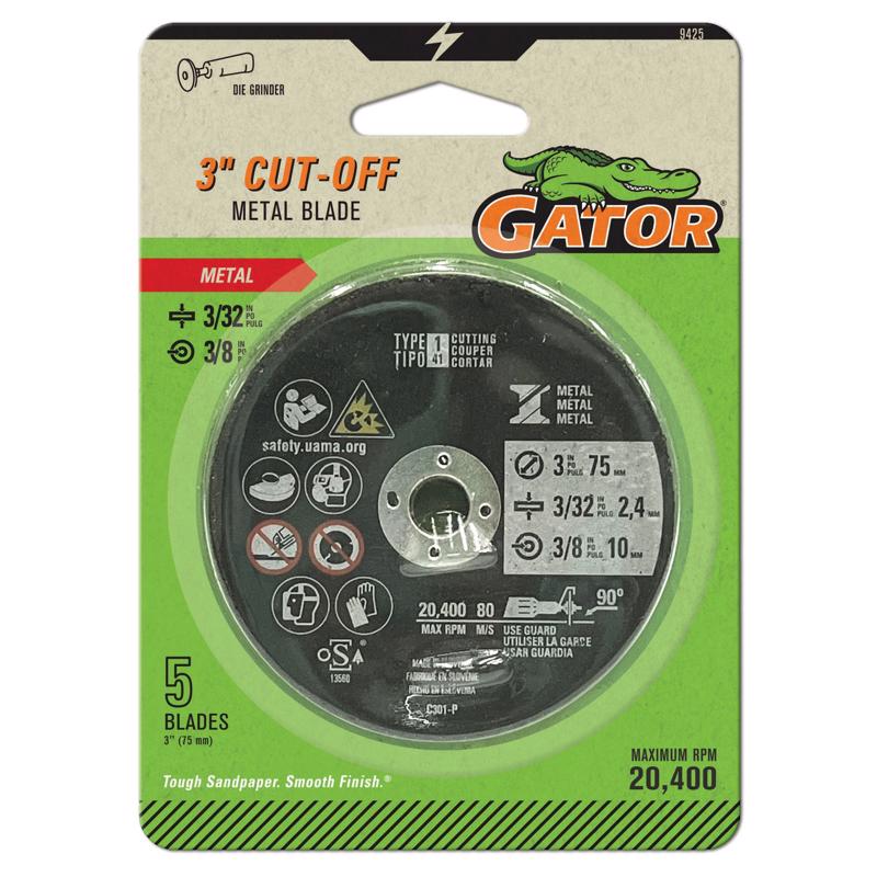 Disco de corte para metal de óxido de aluminio tipo 1 Gator de 3 pulg. de diámetro x 3/8 pulg. x 3/32 pulg. de grosor, 5 piezas