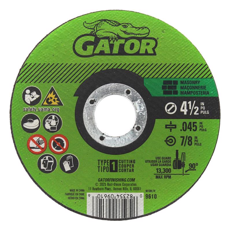 Muela abrasiva de corte para mampostería Gator de óxido de aluminio Tipo 1, 4-1/2 pulg. de diámetro x 7/8 pulg. x .045 pulg. de grosor, 1 pza.