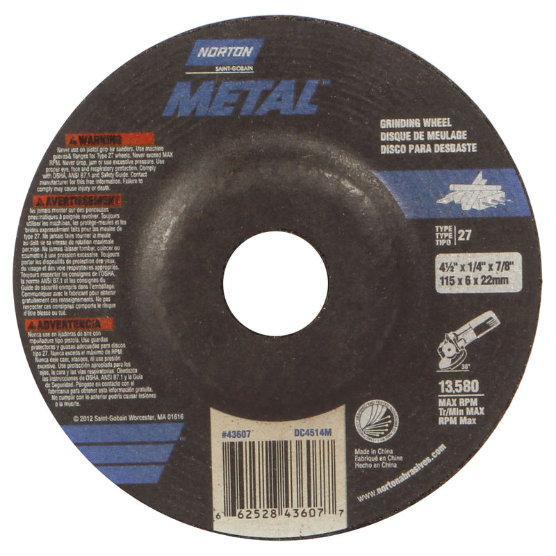 Norton 4-1/2 in. D X 7/8 in. in. X 1/4 in. thick Grinding Wheel 1 pc