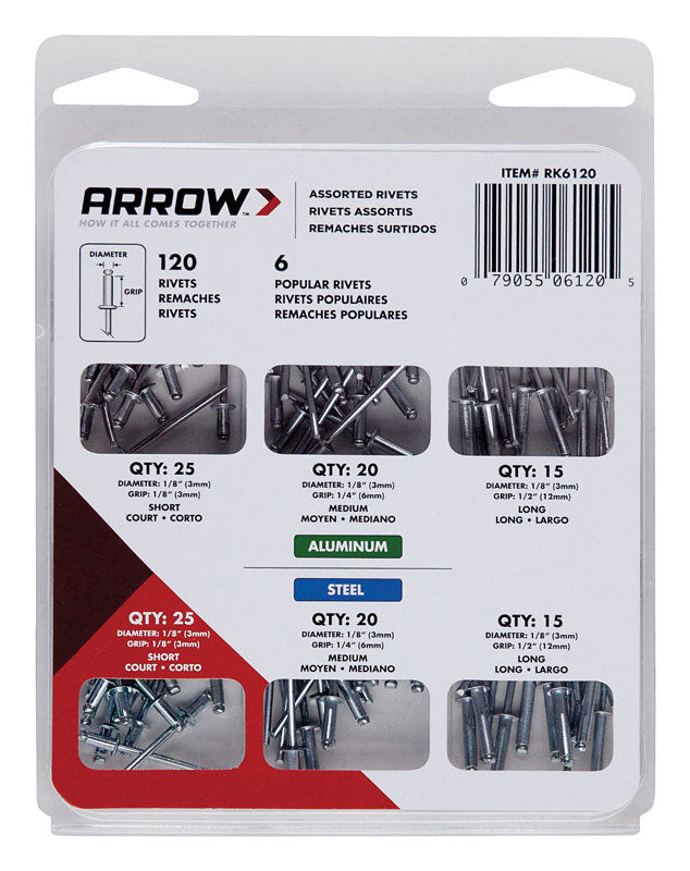 Juego de remaches de aluminio Arrow de 1/8 pulg. de diámetro, plateados, paquete de 120