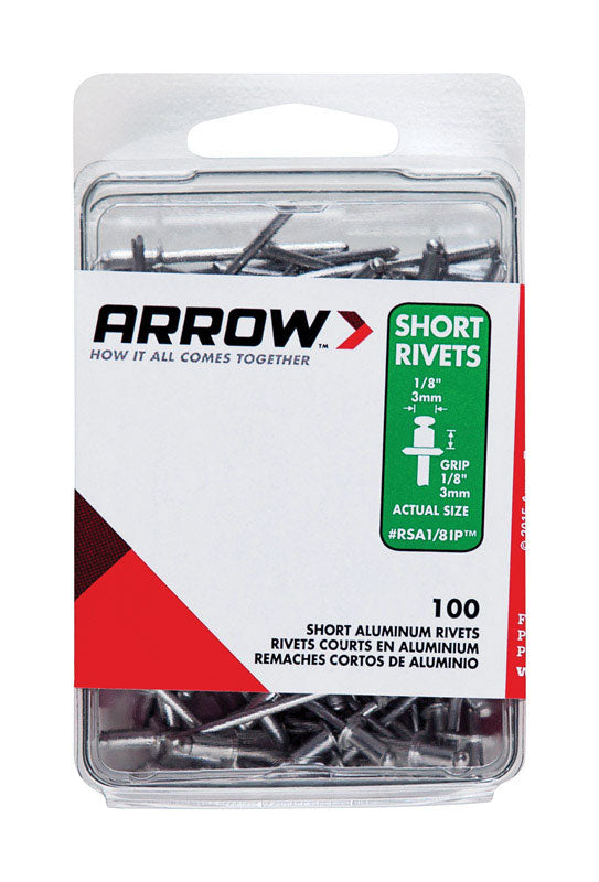 Remaches cortos de aluminio Arrow de 1/8 pulg. de diámetro × 1/8 pulg., plateados, paquete de 100