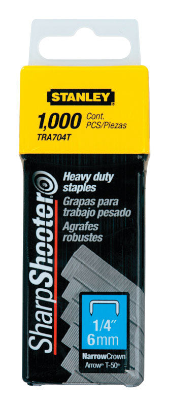 Grapas de alta resistencia de corona estrecha STANLEY Sharp Shooter T50, 27/64 pulg. de ancho × 1/4 pulg. de largo, calibre 24, paquete de 1000