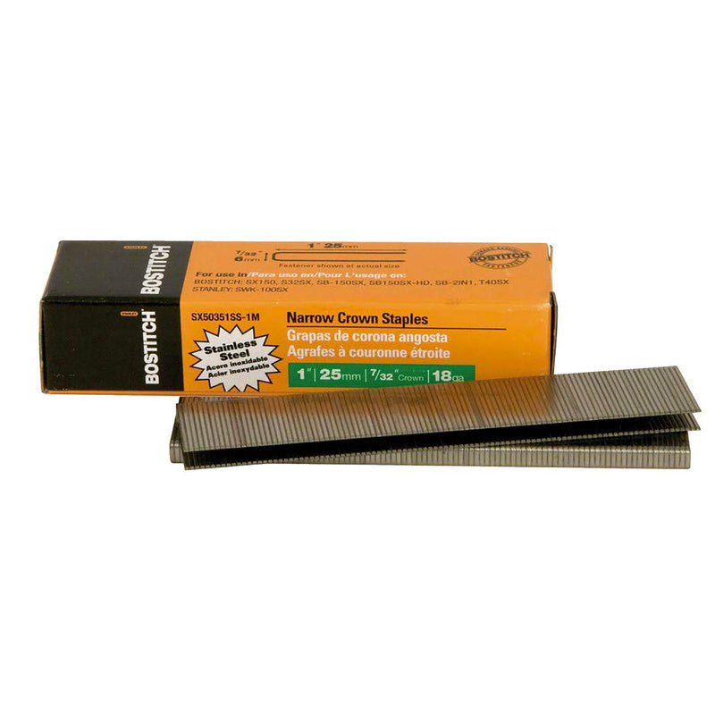 Grapas Stanley Bostitch de acabado en acero inoxidable, 7/32 pulg. de ancho x 1 pulg. de largo, calibre 18, paquete de 1000