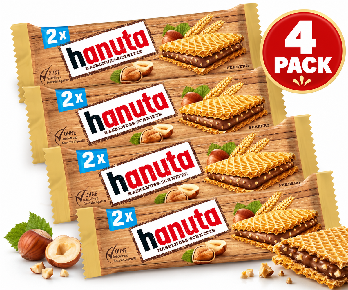 Hanuta Hazelnut Wafers, 44g (1.55 oz) Each, 4 Count, Crispy Wafers with Hazelnut Filling, 176g Total