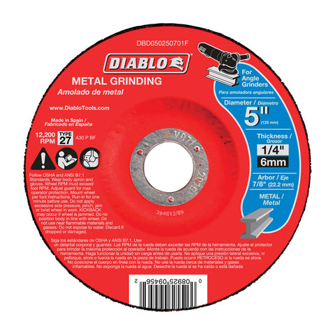 Diablo 5 in. D X 7/8 in. X 1/4 in. thick Aluminum Oxide Metal Grinding Disc 1 pc