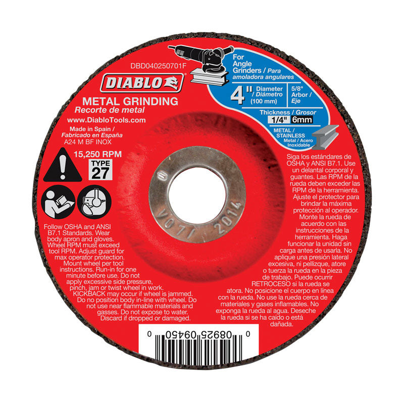 Diablo 4 in. D X 5/8 in. X 1/4 in. thick Aluminum Oxide Metal Grinding Disc 1 pc