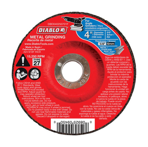 Diablo 4 in. D X 5/8 in. X 1/4 in. thick Aluminum Oxide Metal Grinding Disc 1 pc