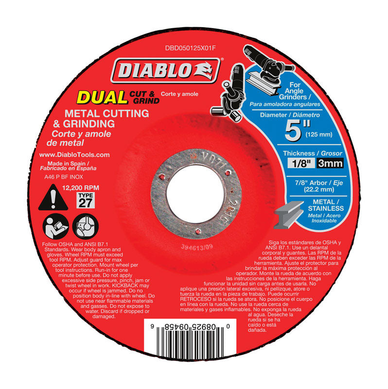 Diablo 5 in. D X 7/8 in. X 1/8 in. thick Aluminum Oxide Metal Dual Cut and Grind Disc 1 pc