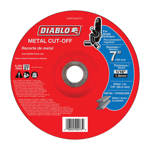 Diablo 7 in. D X 7/8 in. X 1/16 in. thick Aluminum Oxide Metal Cut-Off Disc 1 pk (Pack of 5)