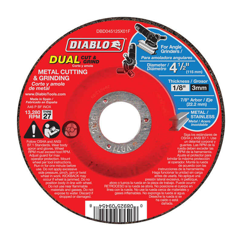 Diablo 4-1/2 in. D X 7/8 in. X 1/8 in. thick Aluminum Oxide Metal Dual Cut and Grind Disc 1 pk