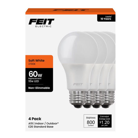 Feit A19 E26 (Medium) LED Bulb Soft White 60 Watt Equivalence 4 pk (Pack of 12)
