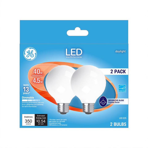 GE G25 E26 (Medium) LED Bulb Daylight 40 Watt Equivalence 2 pk