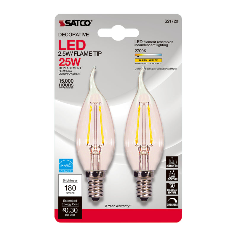 Satco CA10 (punta de llama) E12 (candelabro) bombilla LED blanco cálido equivalente a 25 vatios paquete de 2
