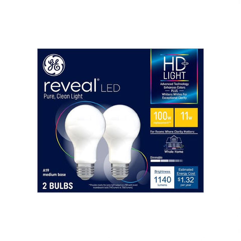 Bombilla LED GE Reveal HD+ A19 E26 (mediana), luz pura y limpia, equivalente a 100 vatios, paquete de 2