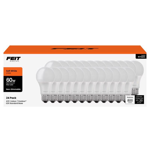 Feit A19 E26 (Medium) LED Bulb Soft White 60 Watt Equivalence 24 pk