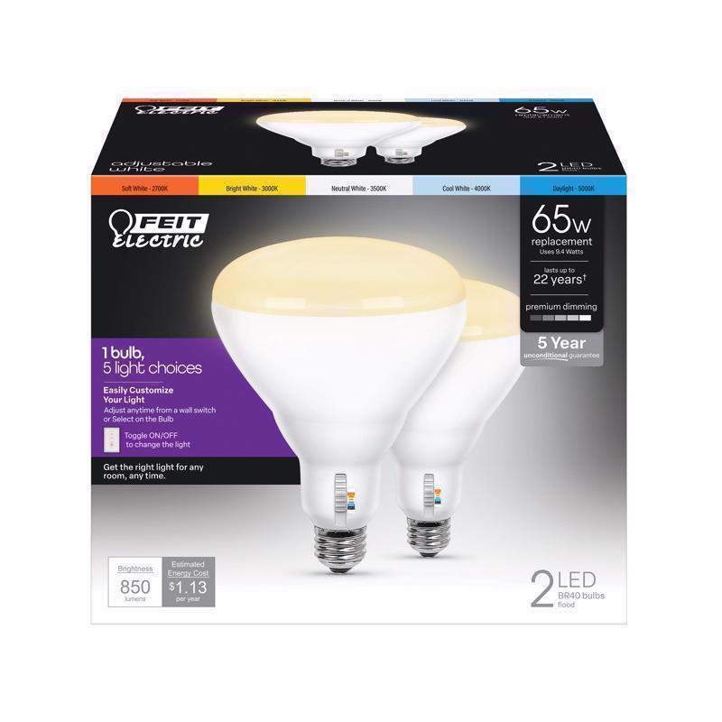 Bombilla LED tipo foco Feit BR40 E26 (mediana) de color blanco ajustable, equivalente a 65 vatios, paquete de 2