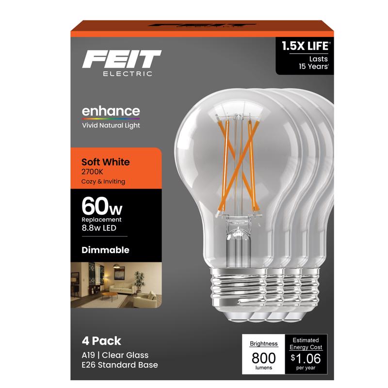 Feit Enhance A19 E26 (Medium) Filament LED Bulb Soft White 60 Watt Equivalence 4 pk