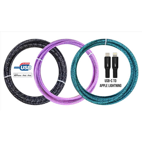 GetPower Assorted Braided Lightning to USB-C For Apple iPod, iPhone, iPad 10 ft. L (Pack of 12)
