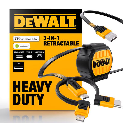 DeWalt USB to Micro to Type C 3-in-1 Cable 3 ft. Black/Yellow